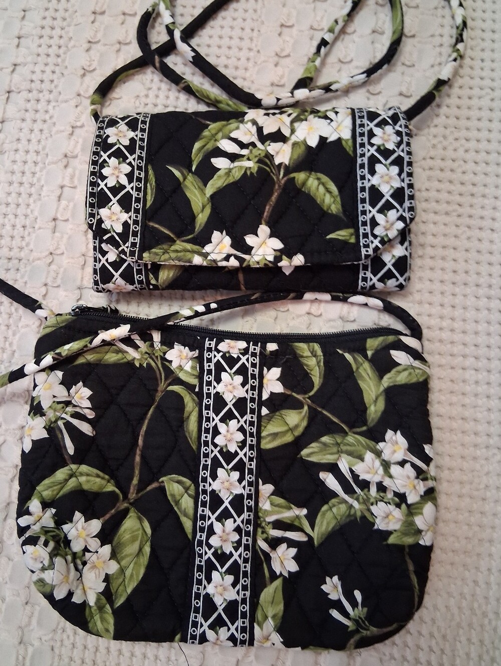Vera Bradley Black Floral Quilted Crossbody Duo with White & Green Accents